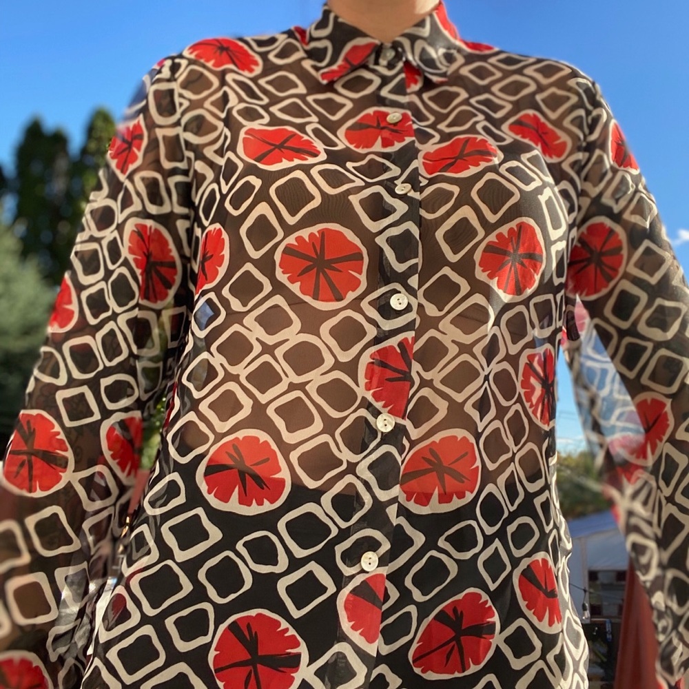 Vintage sheer silky fun patterned blouse great for layers or to wear as is